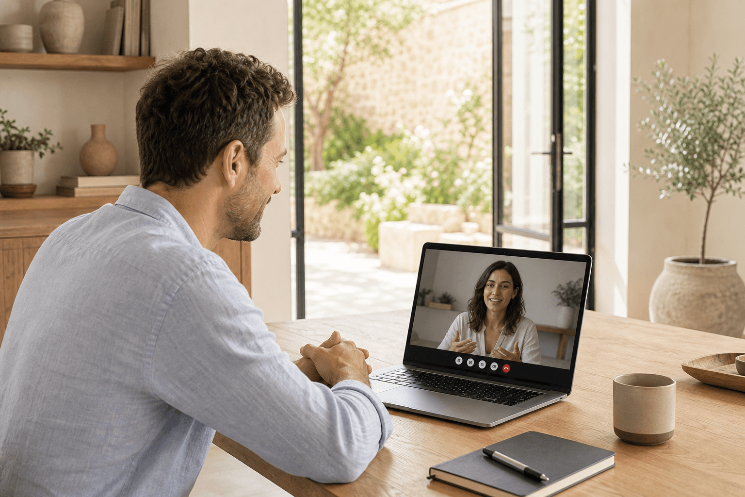 A business owner at their workplace speaks with a consultant on a video call