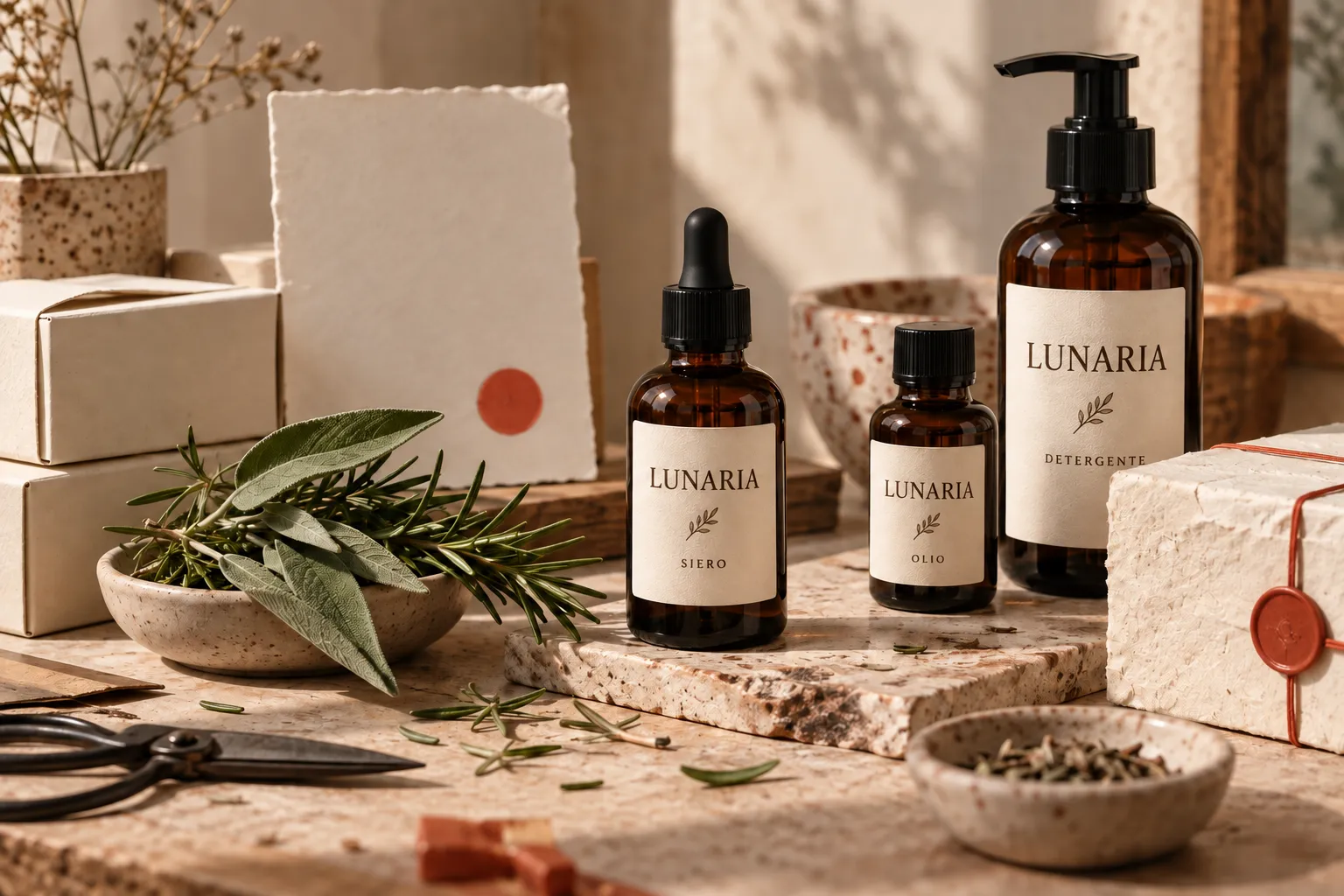 Tre flaconi del marchio immaginario Lunaria, etichettati Siero, Olio e Detergente