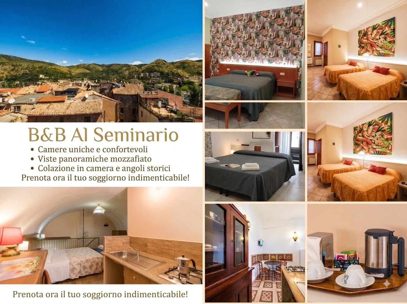 Le camere, la colazione e la vista del B&B Al Seminario a Tivoli