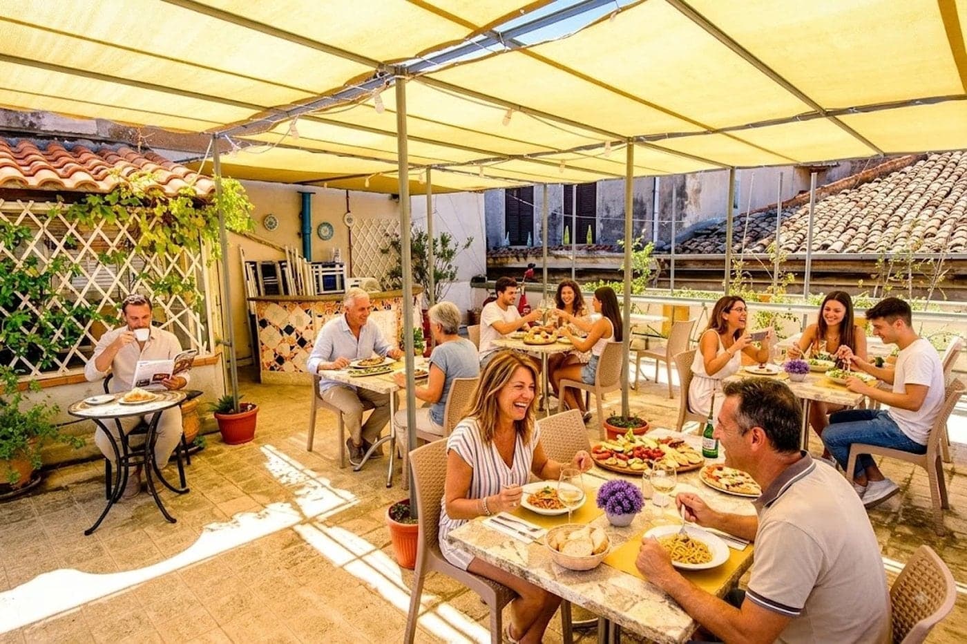I tavoli de La Terrazza pieni di ospiti a pranzo, Tivoli