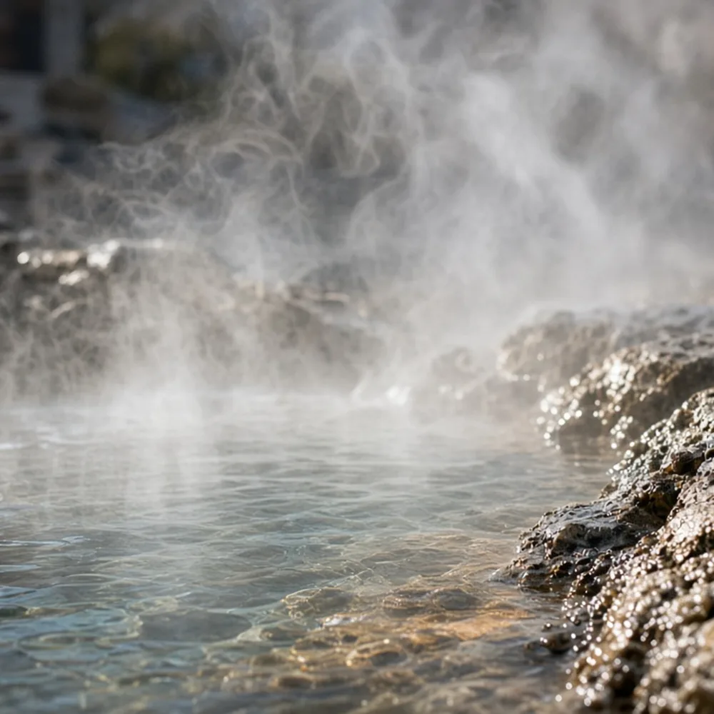 Il vapore che sale dall'acqua termale, primo piano