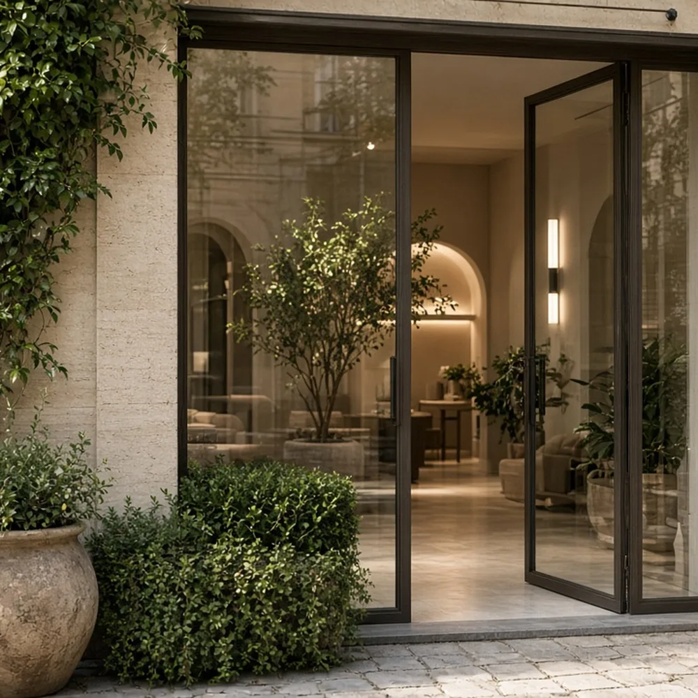 L'ingresso della day spa con piante e una porta in vetro, nessuna scritta leggibile