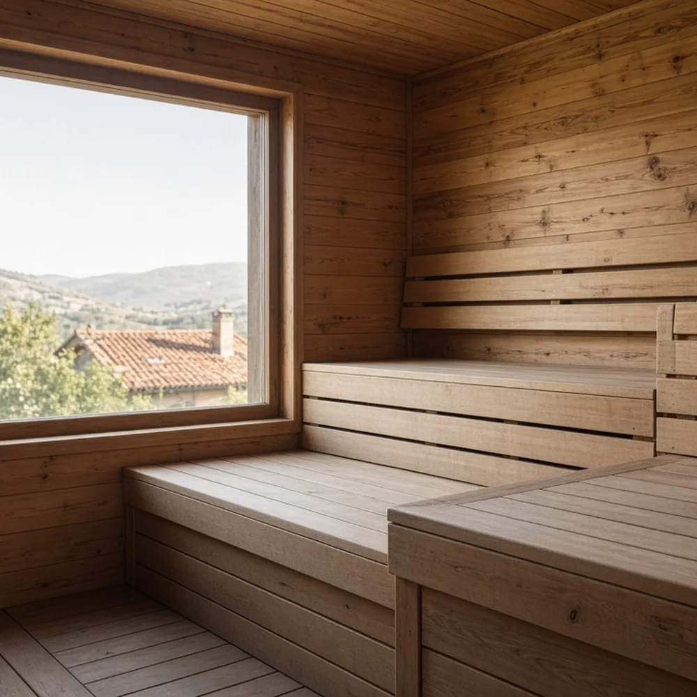 La sauna in legno con la luce soffusa
