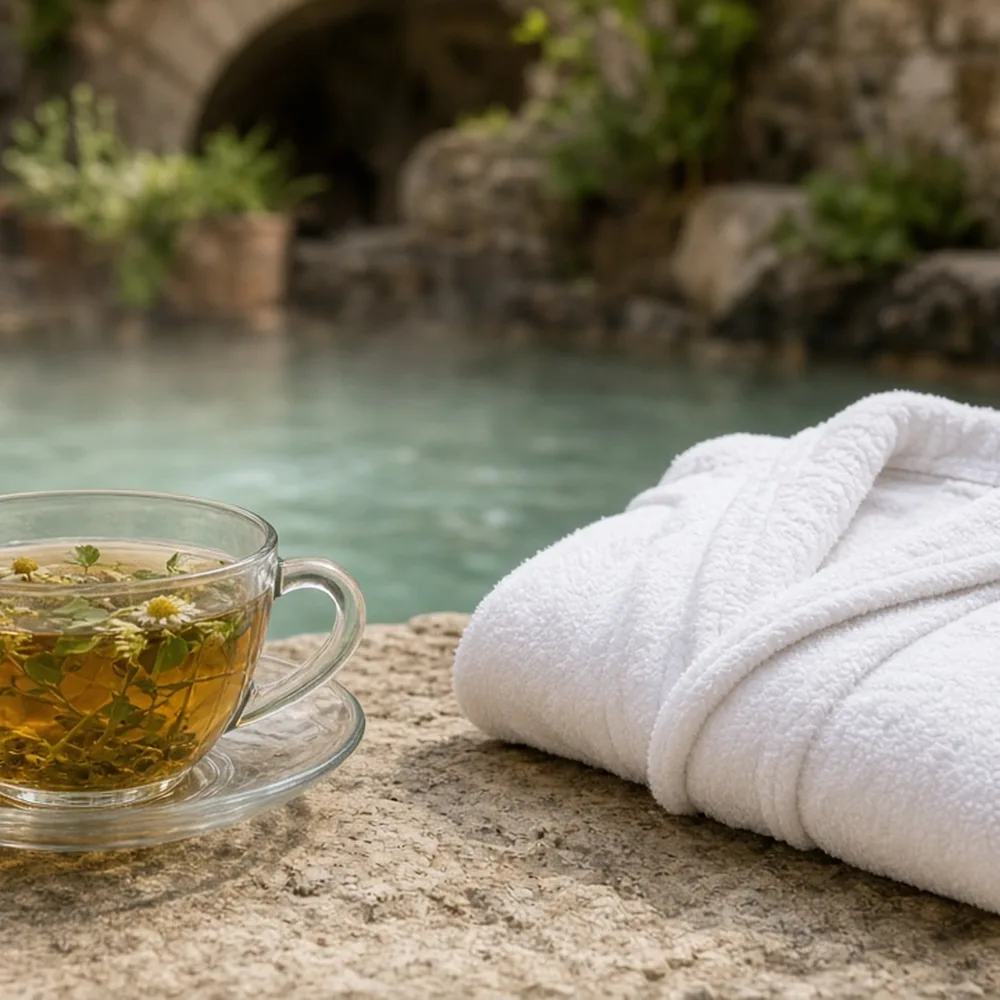 Una tazza di tisana e un accappatoio piegato vicino alla piscina