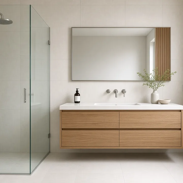 Un bagno appena rifatto, con piastrelle grandi e una doccia in vetro