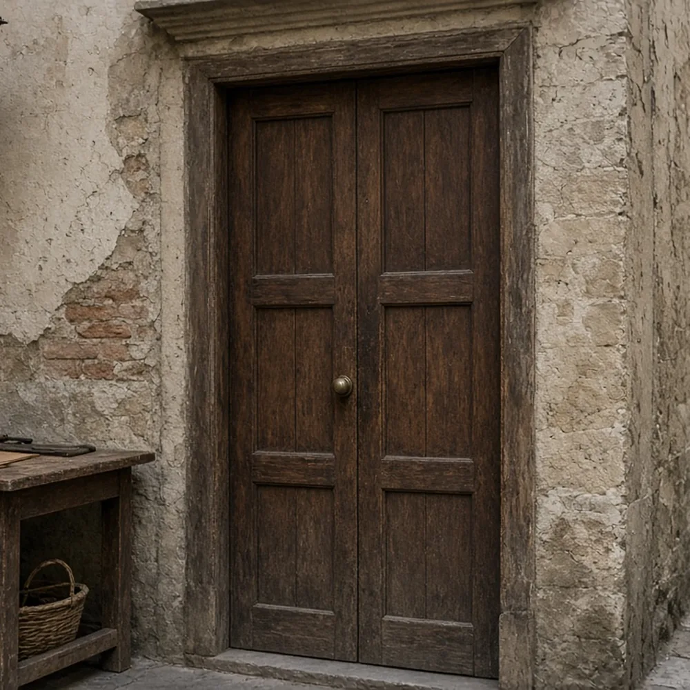 La porta del laboratorio sartoriale in un vicolo fiorentino, senza insegna leggibile
