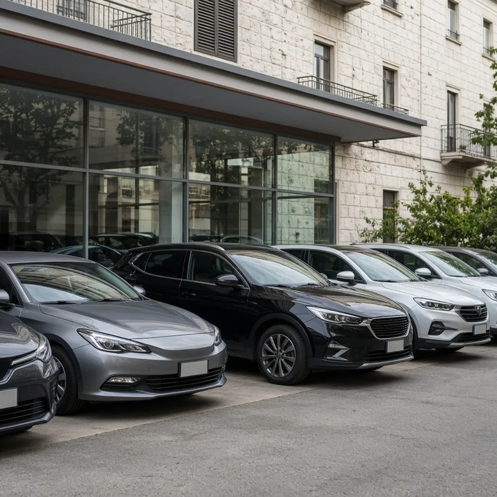 L'esterno del salone auto con l'insegna senza nome leggibile e le auto in fila