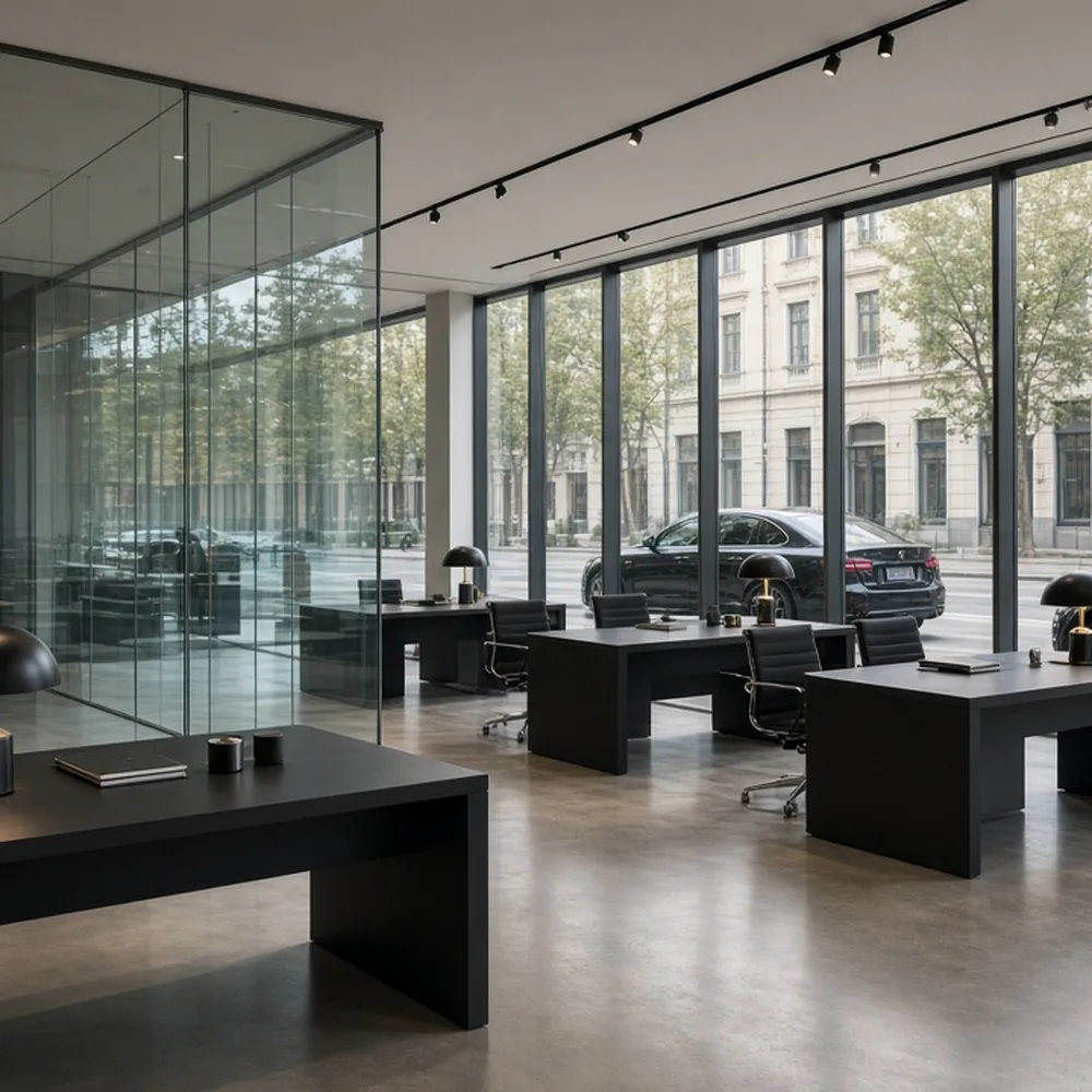 L'interno del salone con scrivanie e vetrate