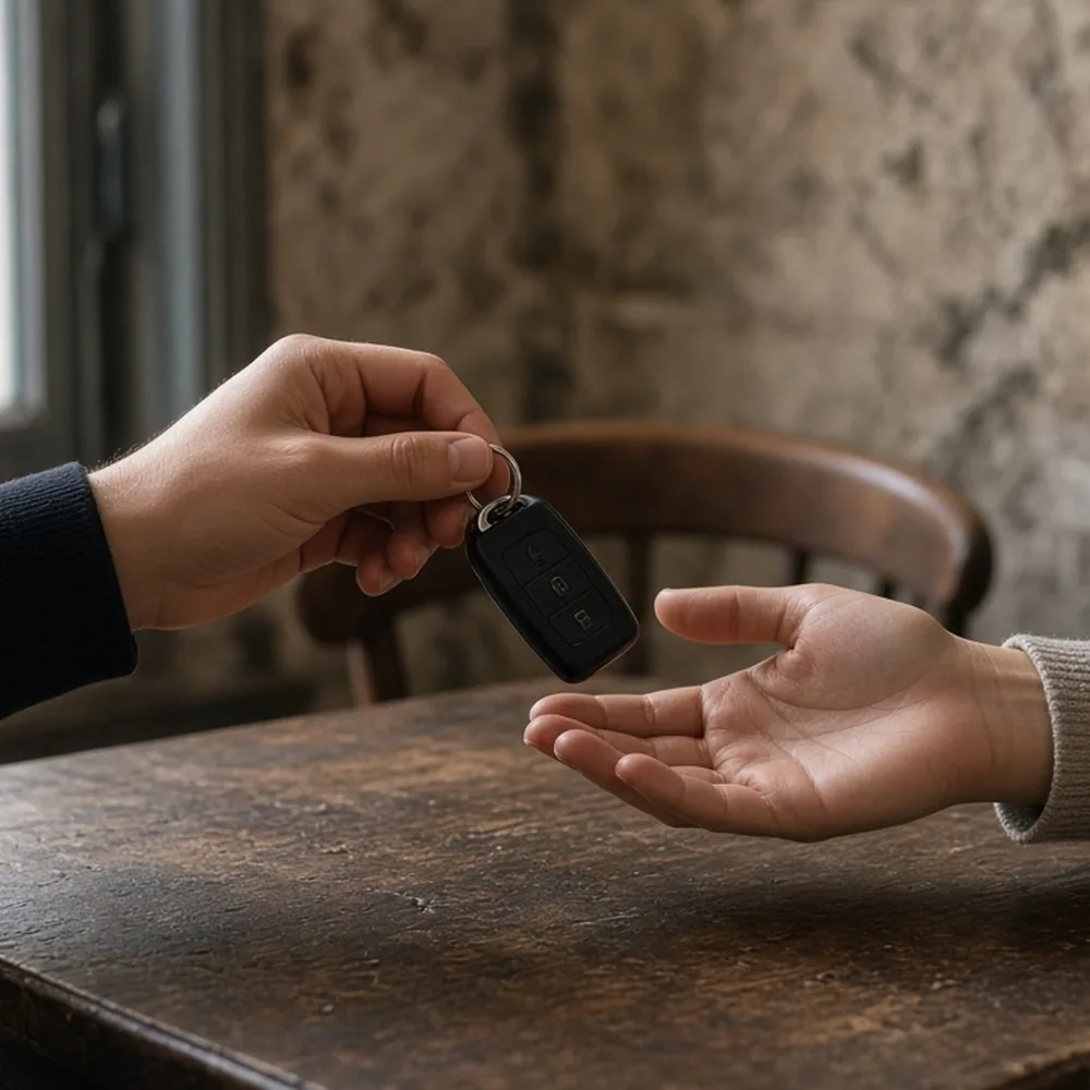 Mani che consegnano una chiave d'auto sopra una scrivania