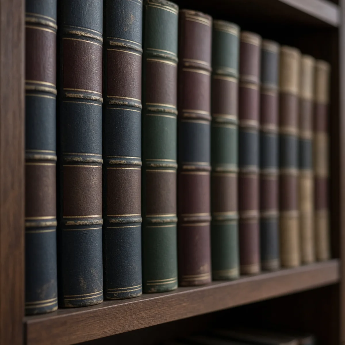 Una libreria di codici rilegati, primo piano, senza titoli leggibili