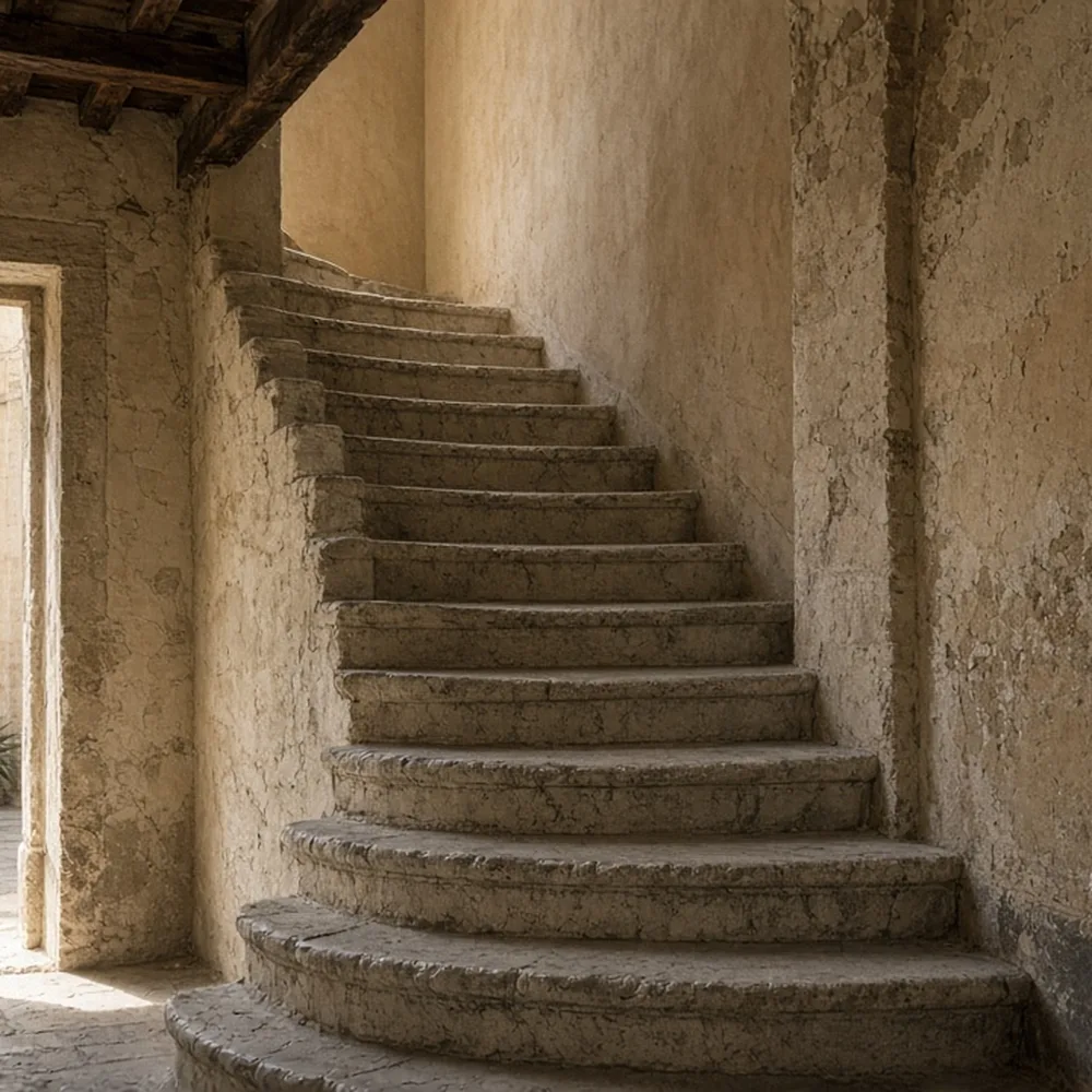 Una scala in pietra con piante e luce dal cortile