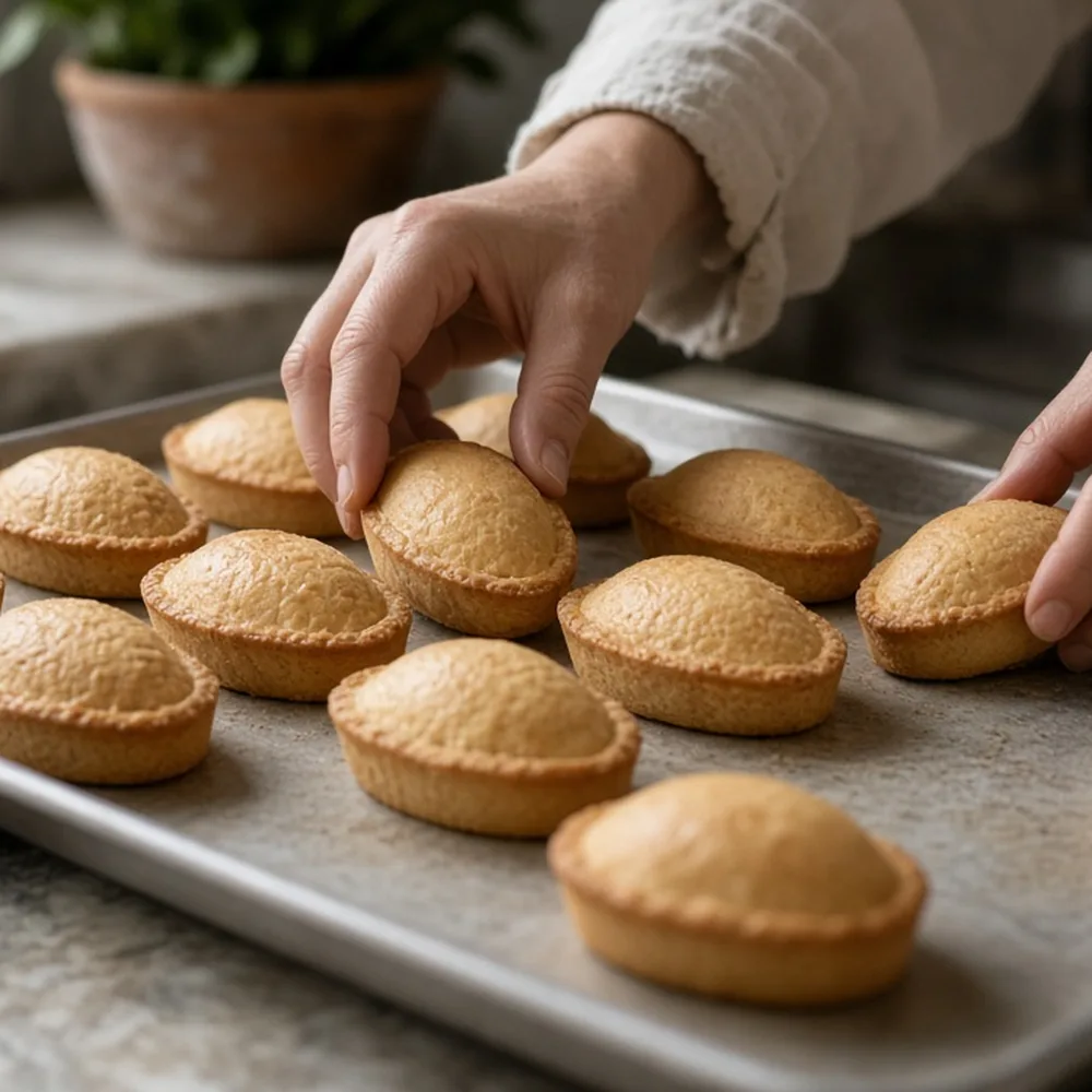 Mani che preparano la colazione con pasticciotti su un vassoio