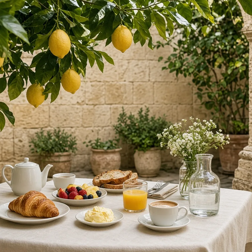 Una colazione nel cortile con limoni e tazze bianche