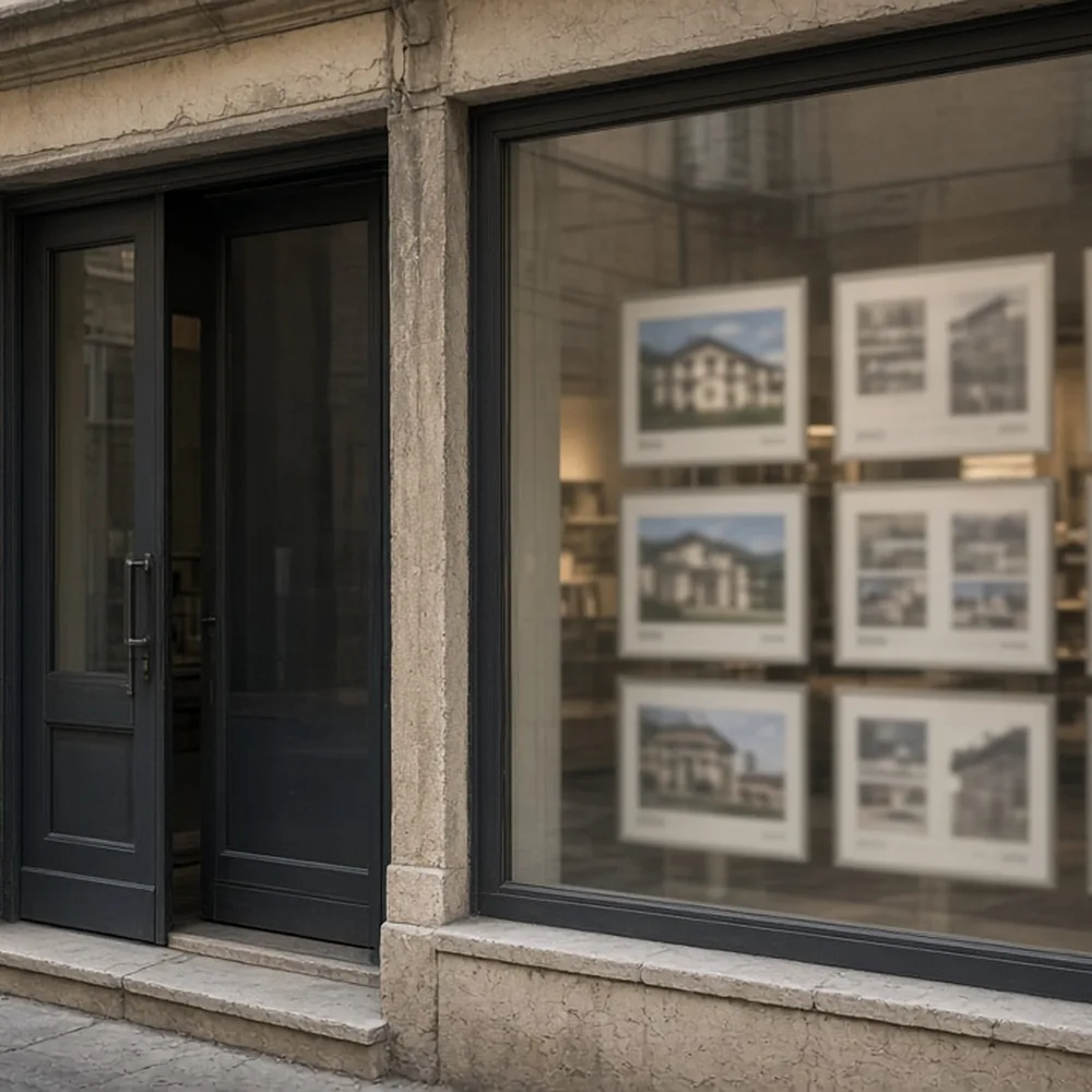 L'ingresso di un'agenzia immobiliare con vetrina di annunci illeggibili