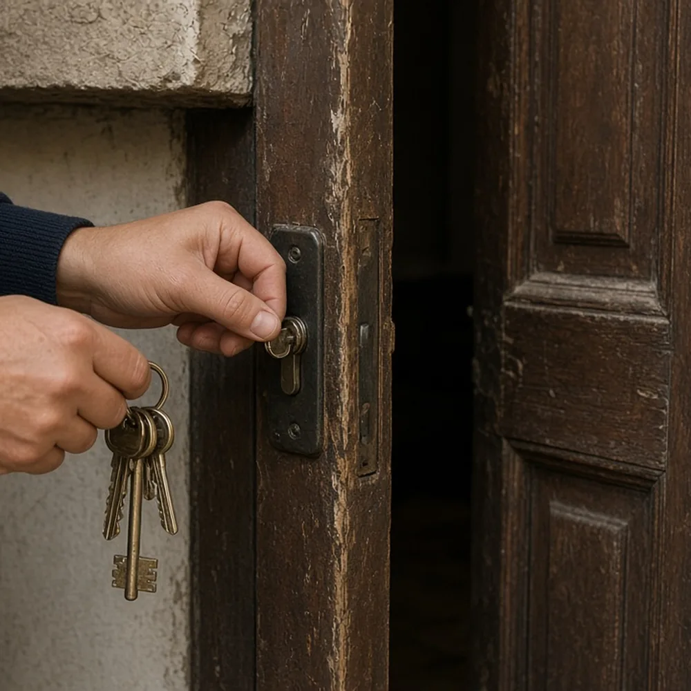 Mani che aprono una porta con un mazzo di chiavi