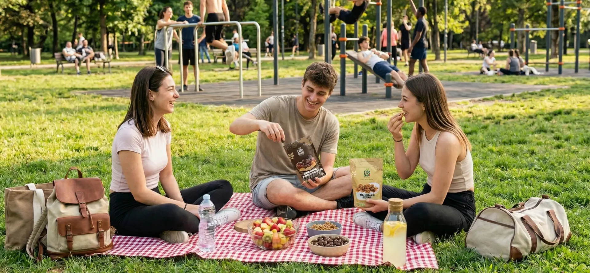 Tre ragazzi fanno un picnic al parco e assaggiano la frutta secca e gli snack CiboCrudo dalle buste