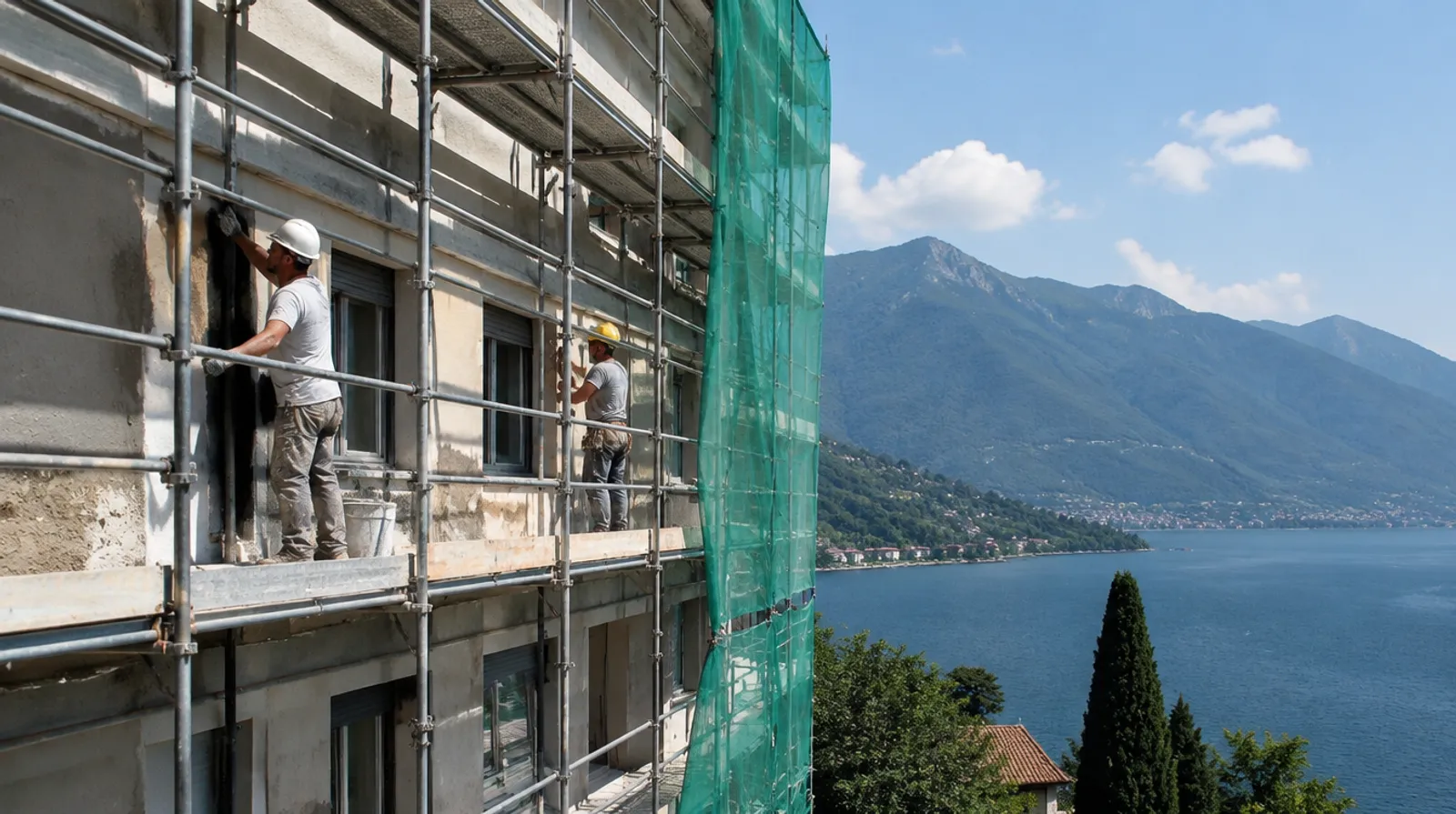 Due operai con il casco sul ponteggio rifanno l'intonaco della facciata di un condominio, con il lago di Como e le montagne alle spalle
