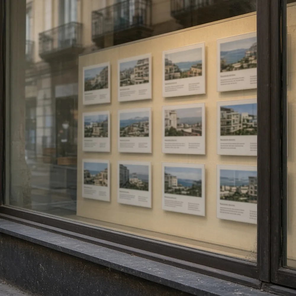 La vetrina di un'agenzia immobiliare al Vomero con annunci illeggibili