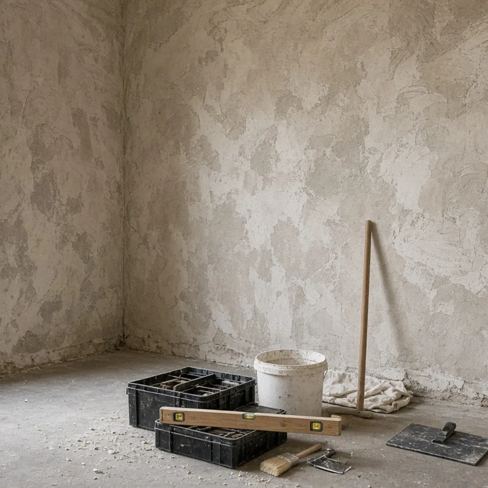 Un cantiere in un appartamento, pareti grezze e attrezzi in ordine