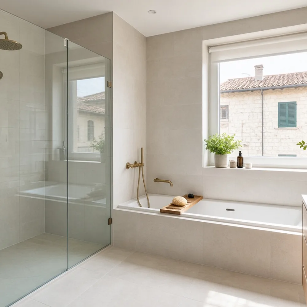 Un bagno appena ristrutturato, piastrelle chiare e luce naturale