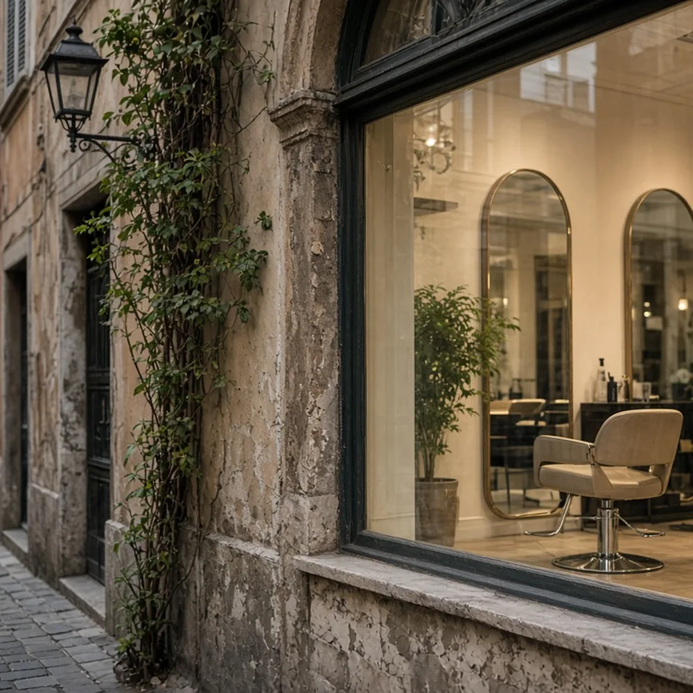 L'ingresso del salone in una via del centro storico, con la vetrina e senza scritte leggibili