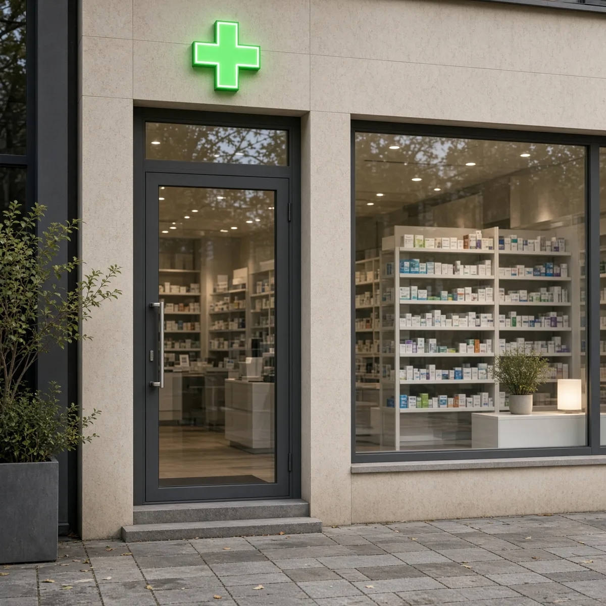 L'ingresso della farmacia con la croce verde accesa e la vetrina, nessuna scritta leggibile