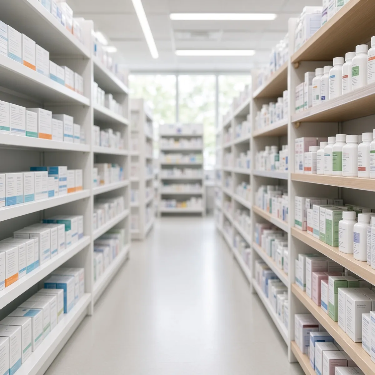 Il corridoio tra gli scaffali della farmacia, luce chiara