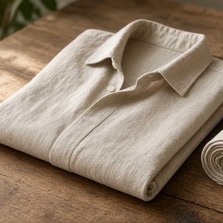 Una camicia in lino piegata su un tavolo di legno, con un rotolo di tessuto accanto