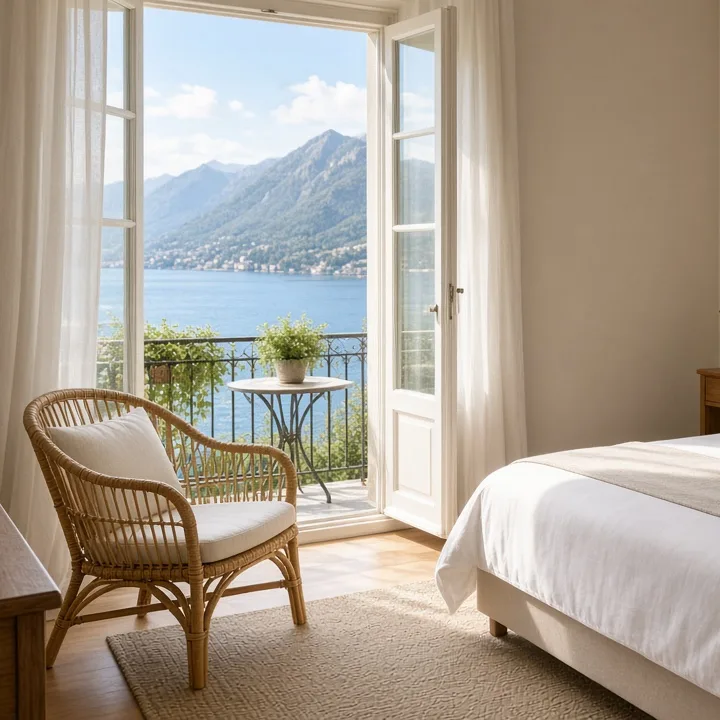 Una camera con balcone aperto sul lago, letto bianco e una sedia in vimini