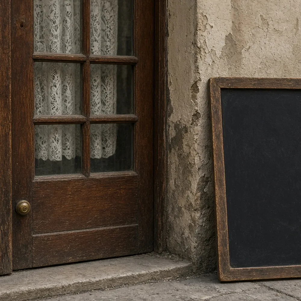 L'ingresso della trattoria con la porta di legno e la lavagna senza scritte leggibili