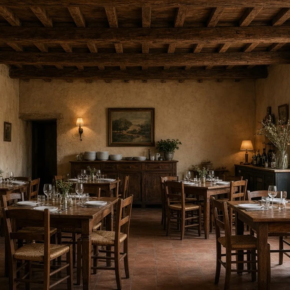 La sala con le travi in legno e i tavoli apparecchiati