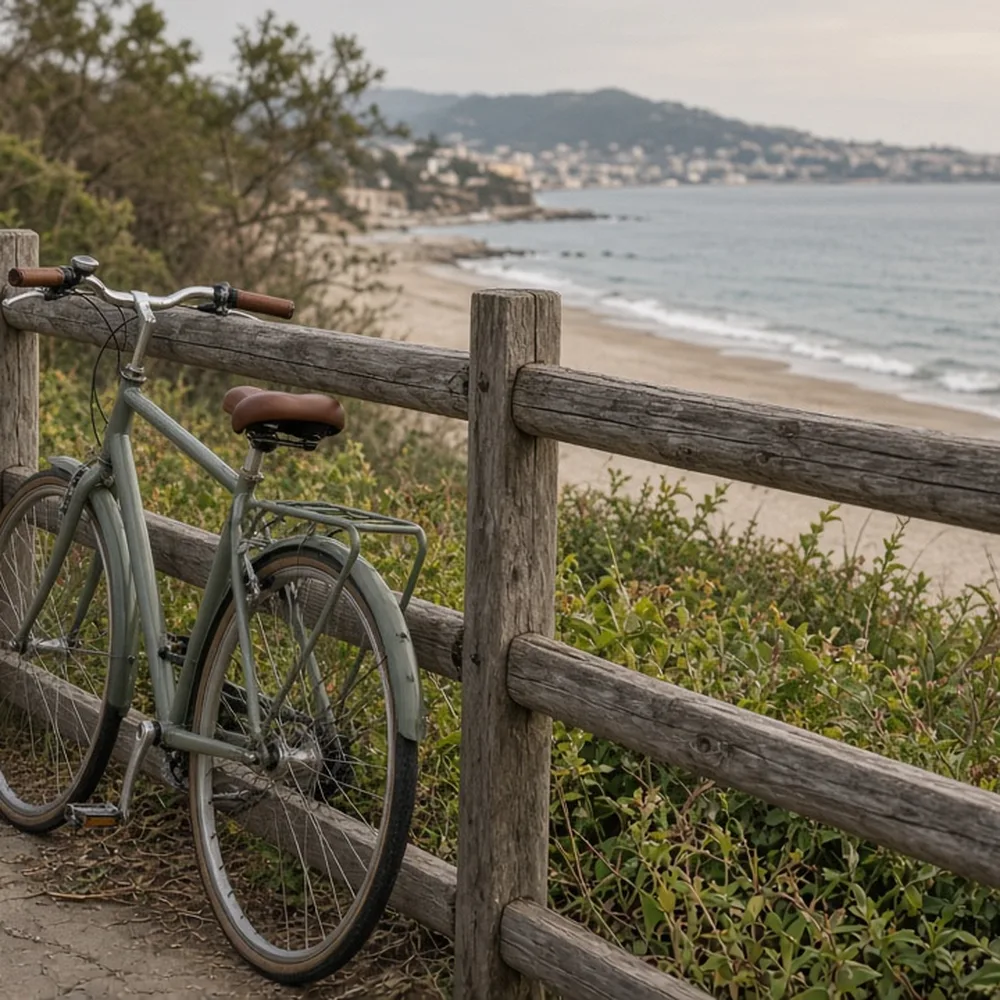 Biciclette appoggiate alla staccionata davanti alla spiaggia