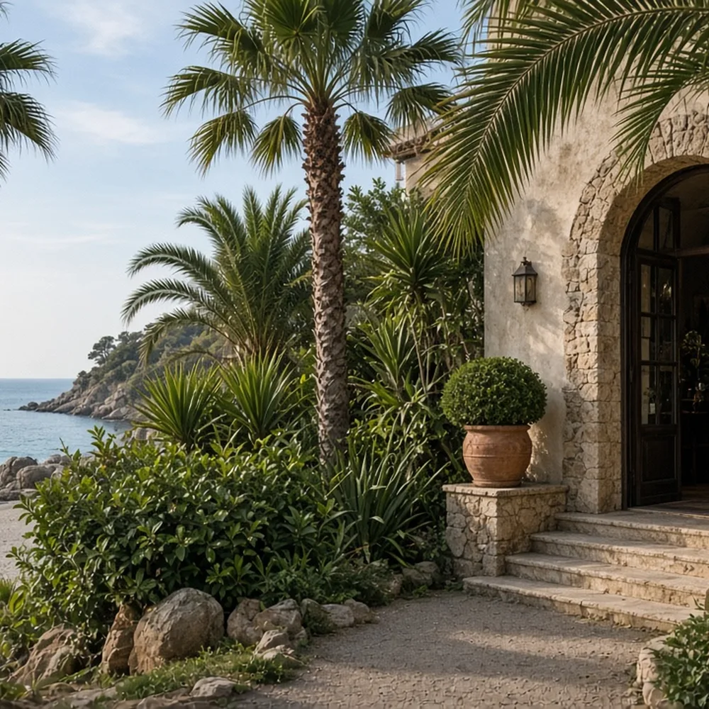 L'ingresso dell'hotel con le palme e l'insegna senza nome leggibile