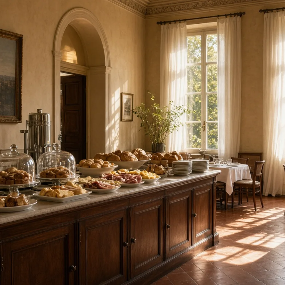 La sala colazioni con il buffet e la luce del mattino