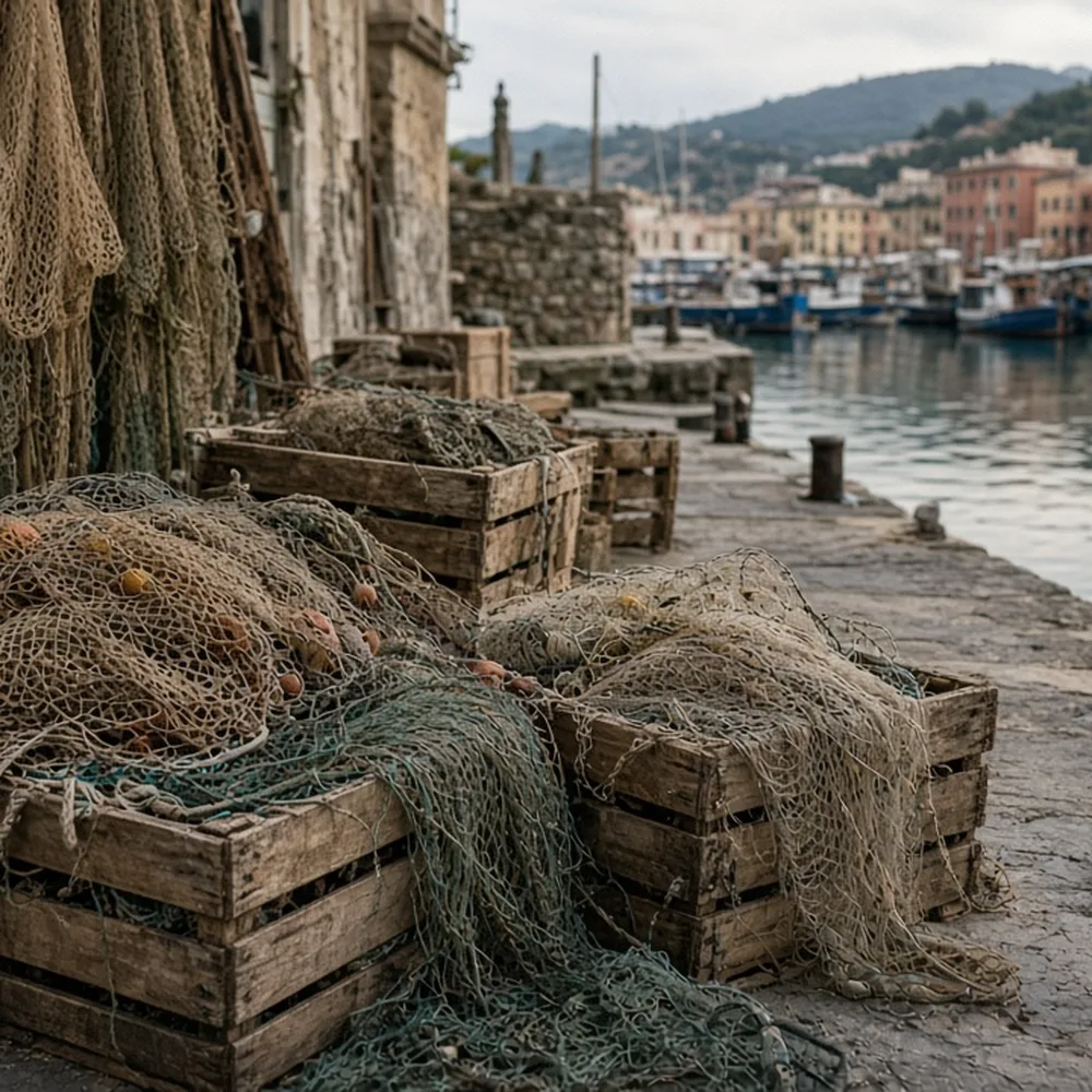 Le reti e le cassette di legno dei pescatori sul molo, la mattina