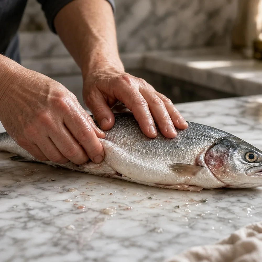 Mani che puliscono il pesce appena arrivato sul bancone di marmo