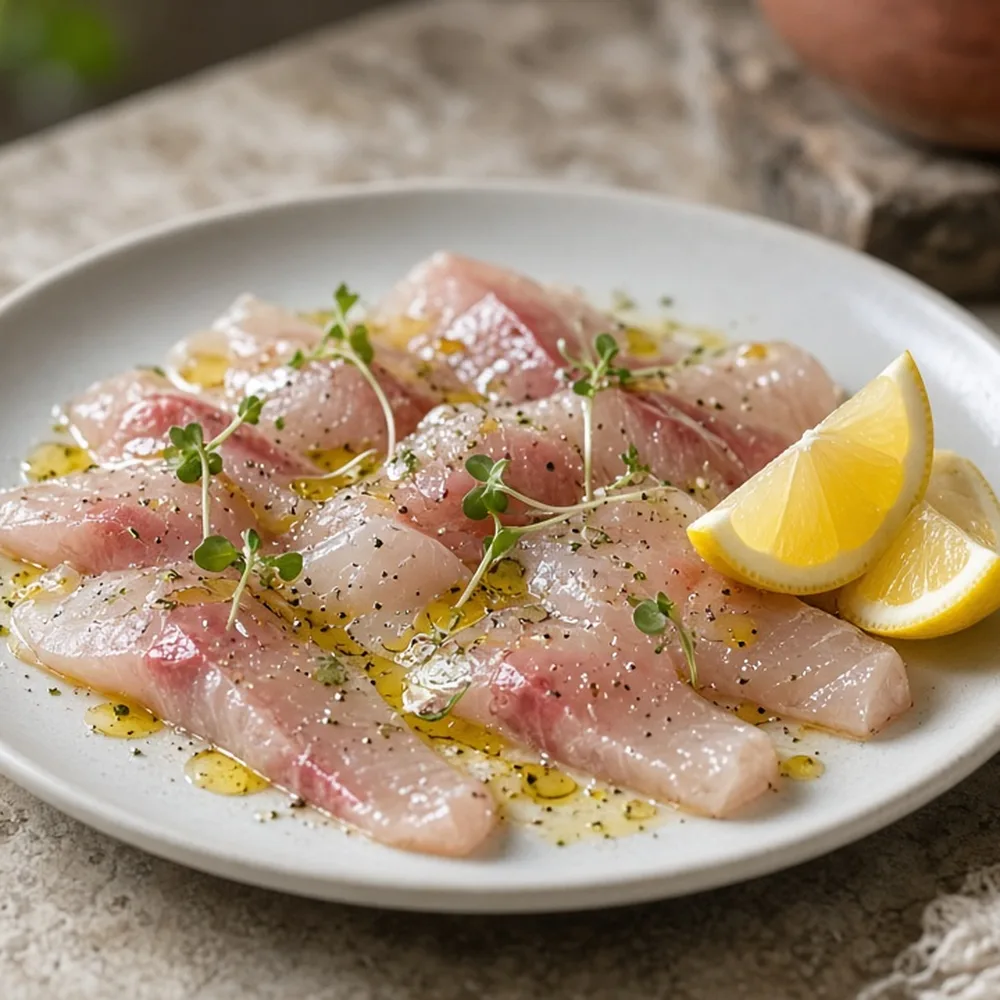Un piatto di crudo di pesce con limone, appena impiattato