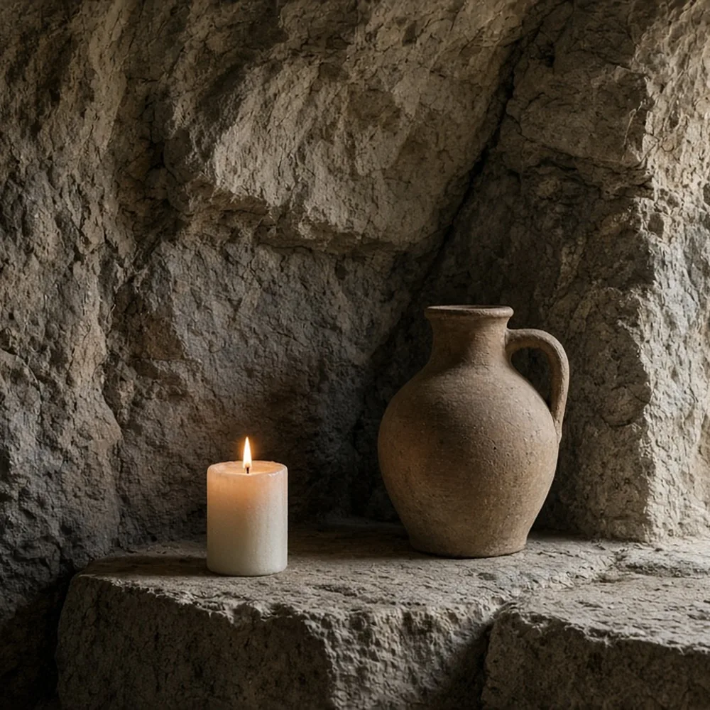 Una nicchia nella roccia con una candela e una brocca
