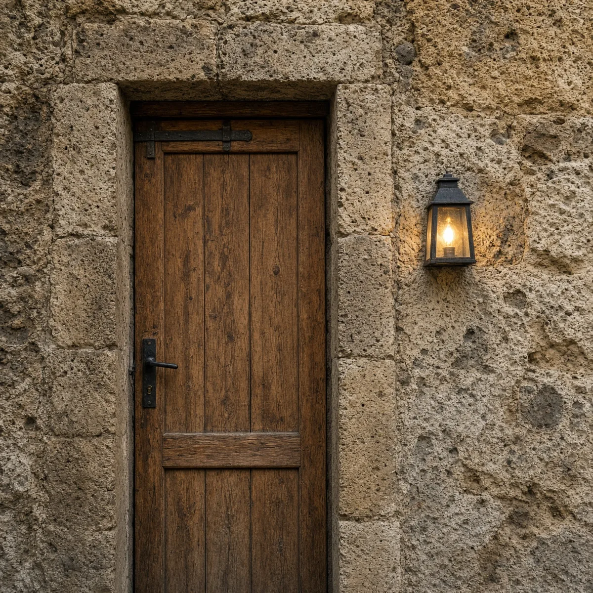 Una porta in legno nel tufo con una lanterna accesa, nei Sassi, nessuna scritta leggibile