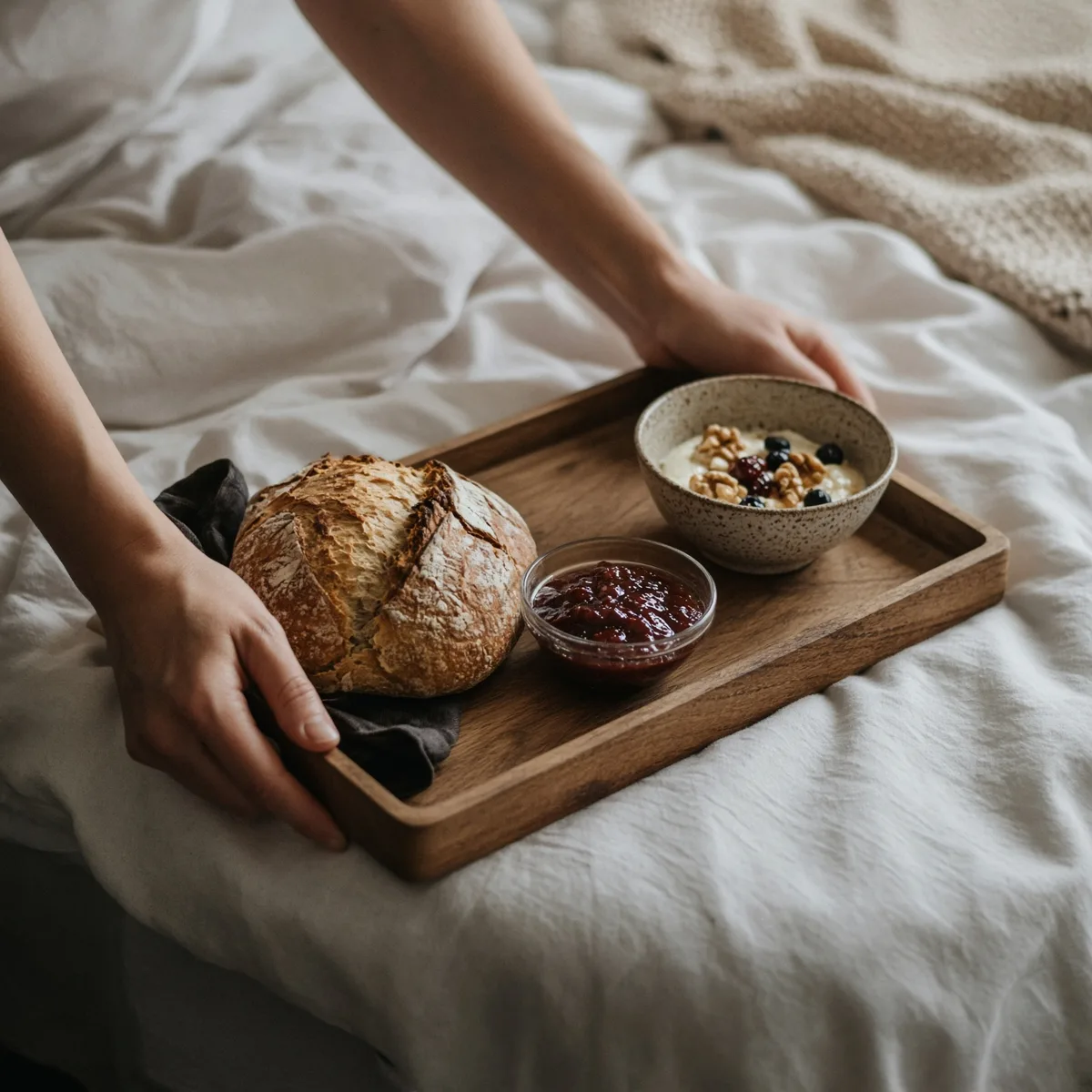 Mani che servono una colazione con pane e marmellata su un vassoio