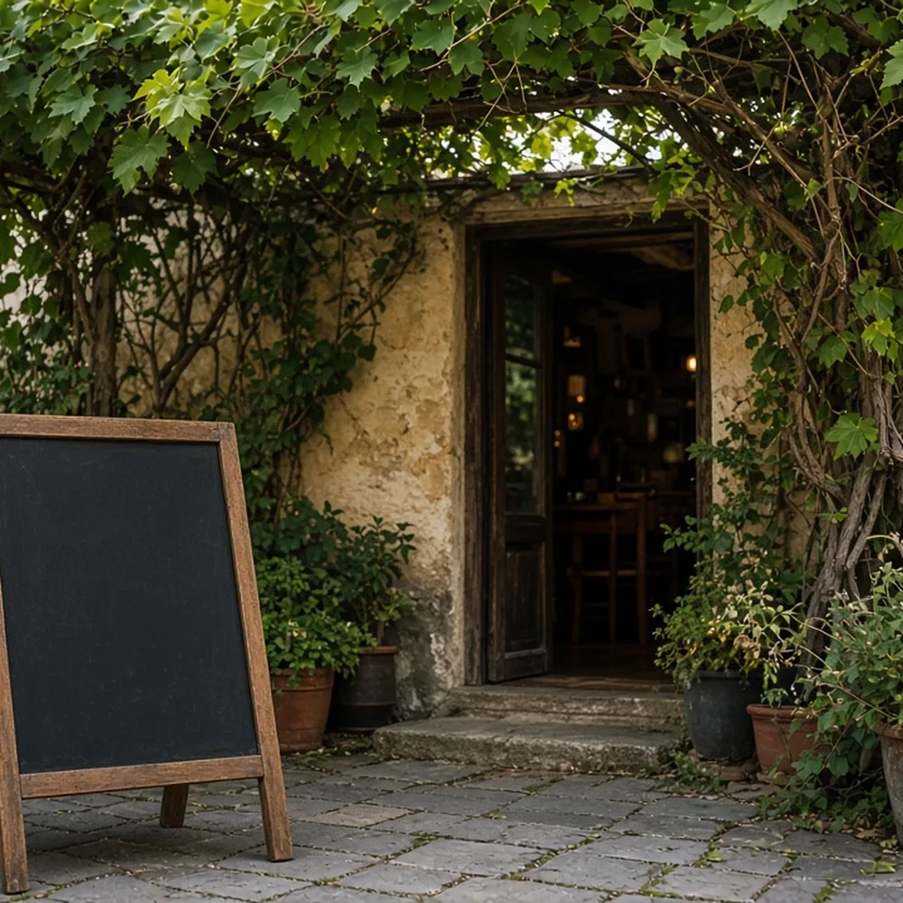 L'ingresso del ristorante con il pergolato di vite e una lavagna senza scritte leggibili