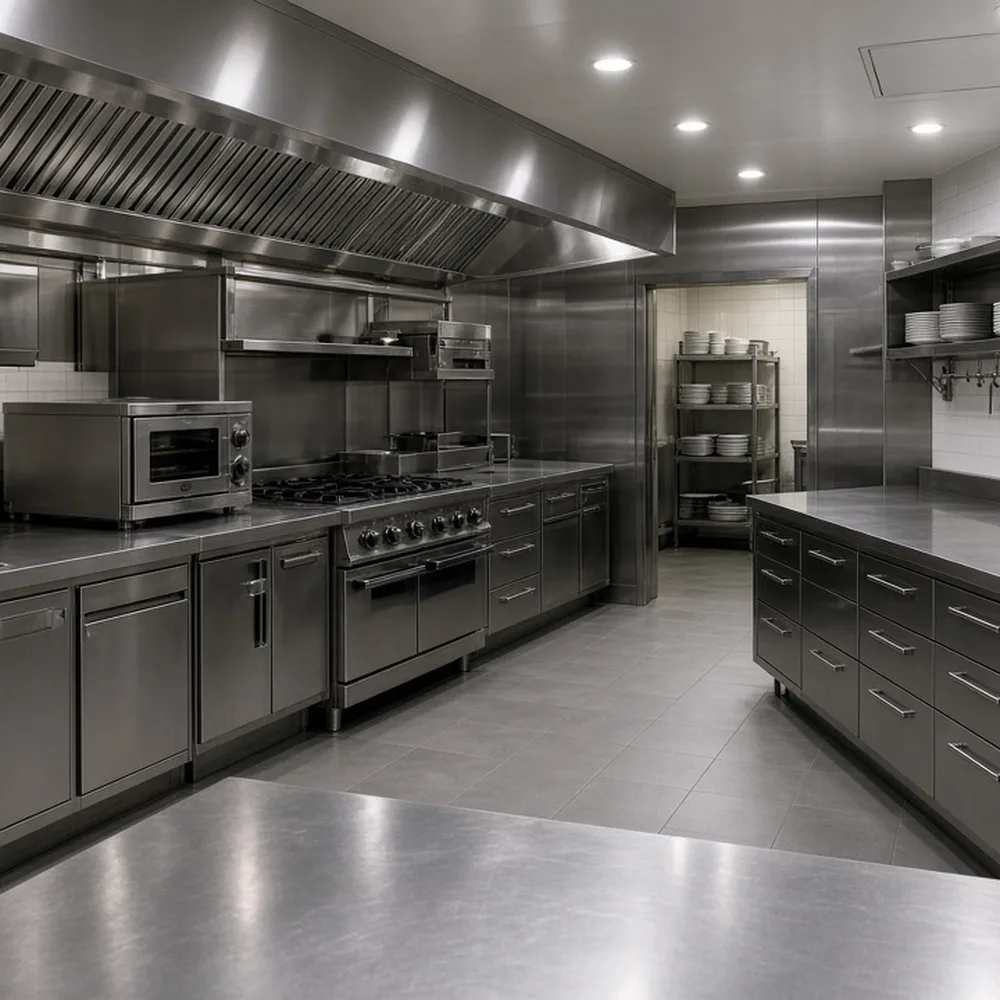 La cucina professionale in acciaio, pulita, prima del servizio