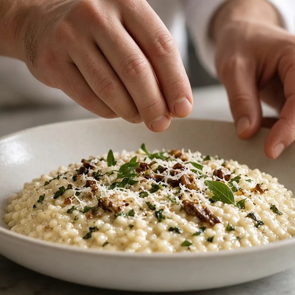 Mani di un cuoco che impiattano un risotto in cucina