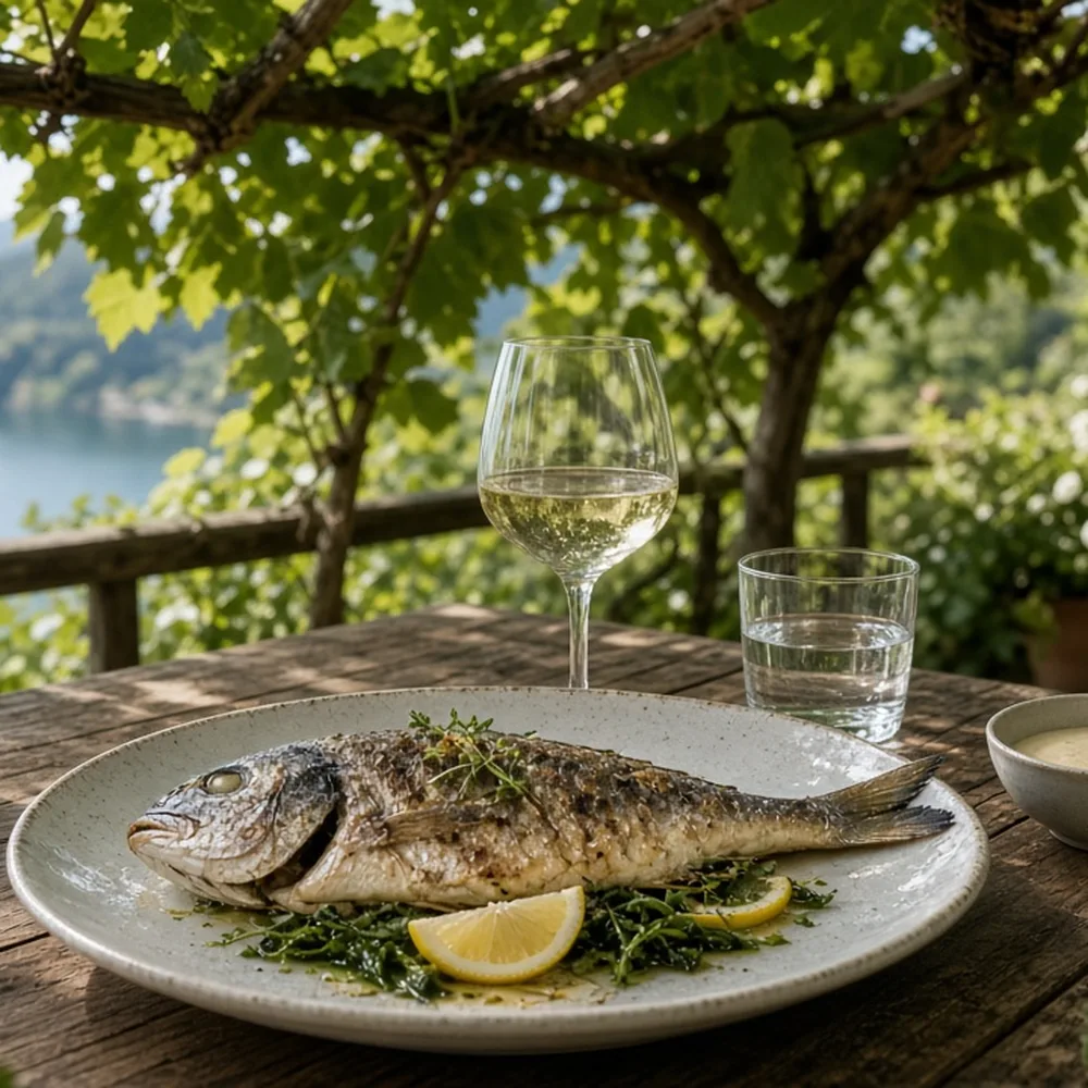 Un piatto di pesce di lago servito sotto il pergolato