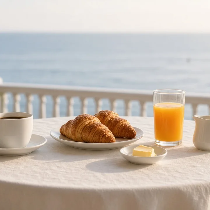 La colazione in veranda con vista mare, caffè e cornetti su un tavolo apparecchiato