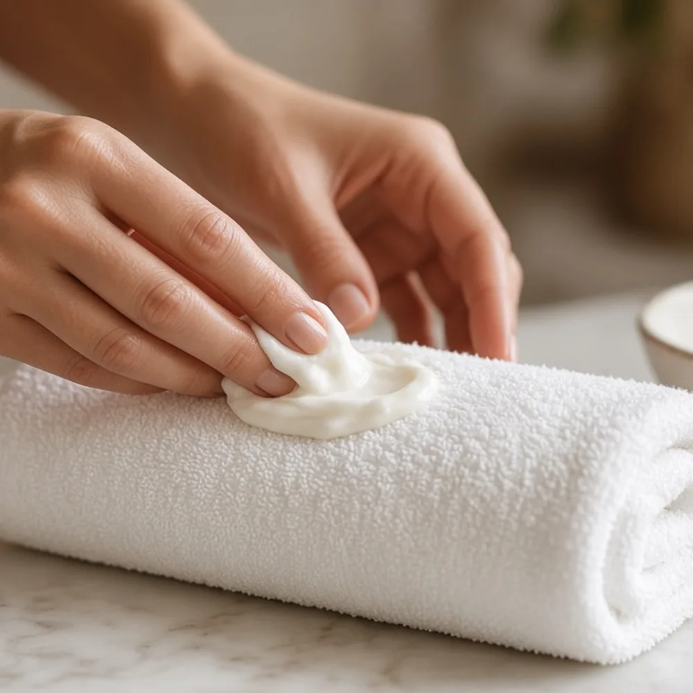 Mani di un'estetista che applicano una crema su un asciugamano