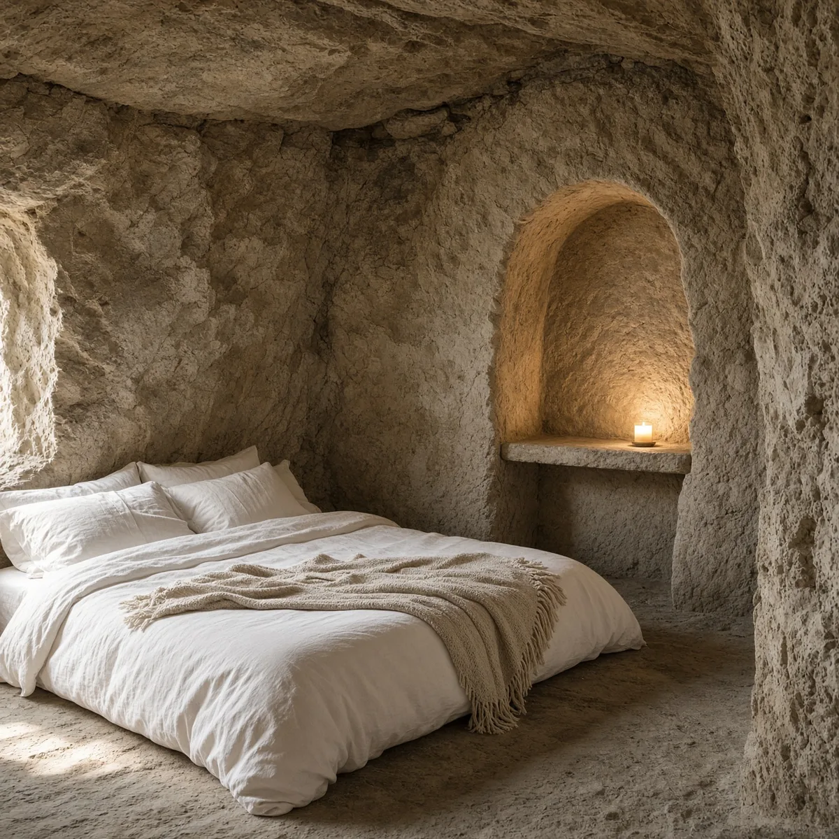 Una camera scavata nella roccia, con il letto bianco e una nicchia illuminata
