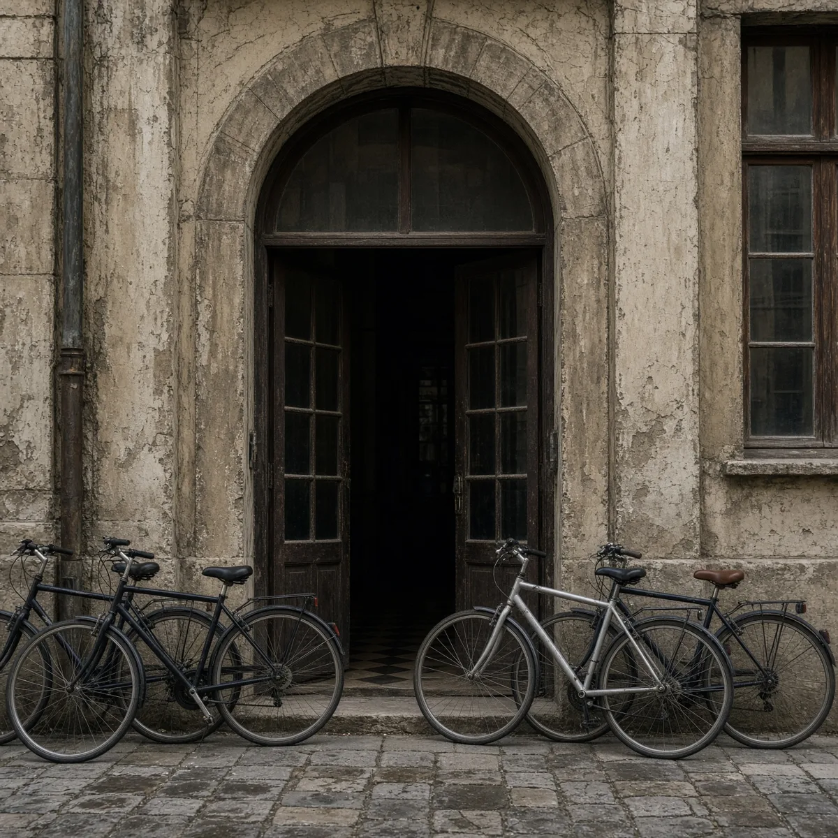 Il portone di una scuola in un palazzo di San Salvario, con le biciclette davanti, nessuna scritta leggibile
