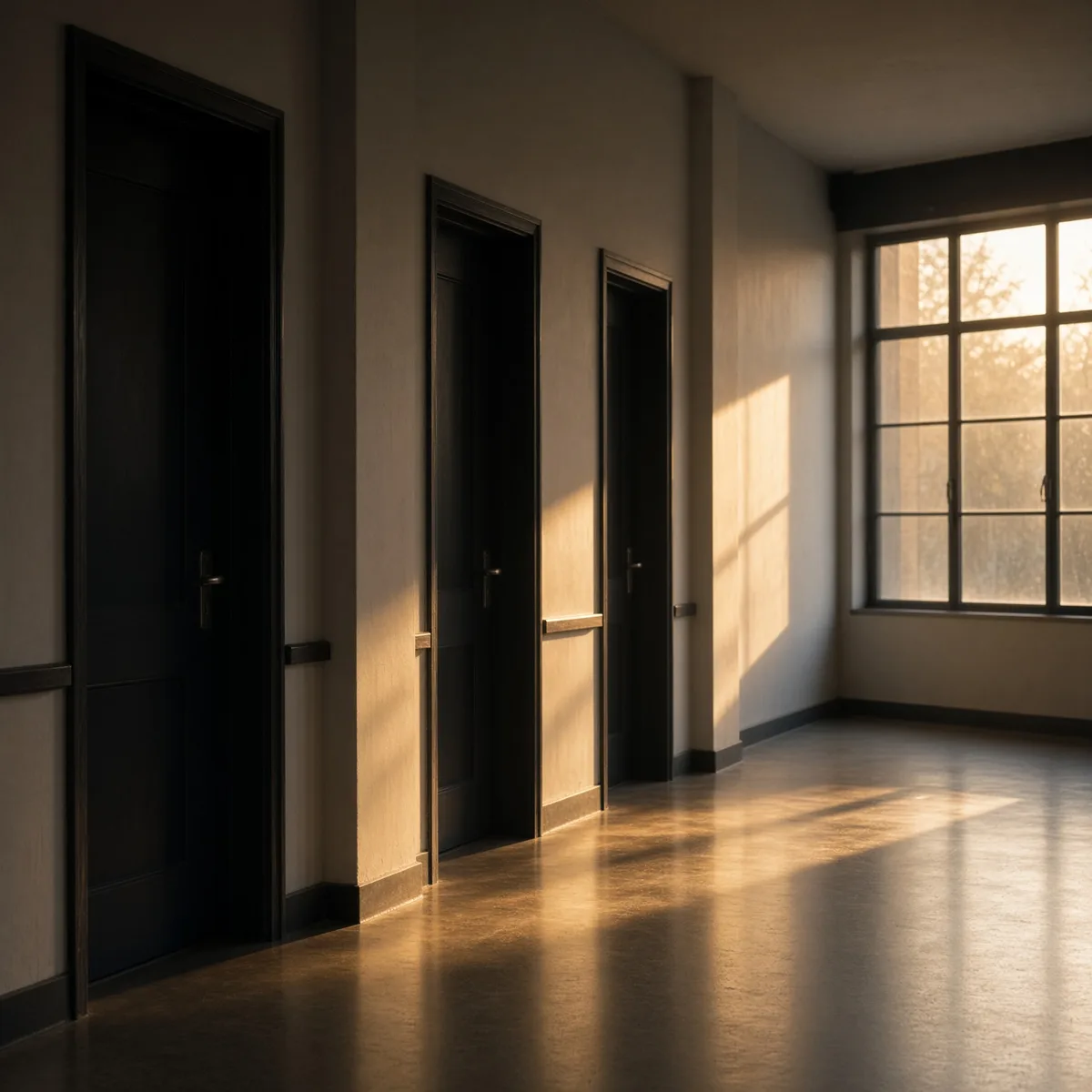 Il corridoio della scuola con le porte delle aule e la luce della sera