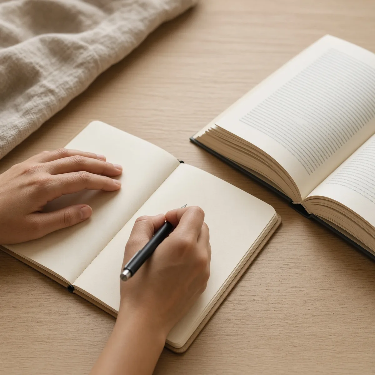 Mani che scrivono su un quaderno con una penna, accanto a un libro aperto